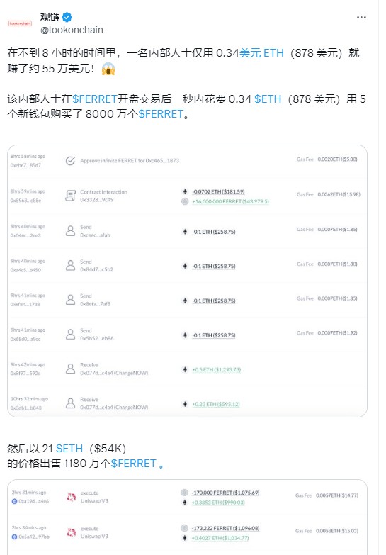 内部投资者赚了55万美元 Lookonchain分享的行动和策略 无偿分享涨粉 不做牛市陪跑