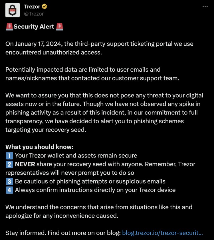 Trezor硬件钱包客户信息泄露警告